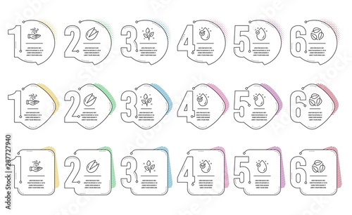 Pistachio nut, Vitamin e and Plants watering line icons set. Infographic timeline. Leaves, Wind energy and Water drop signs. Vegetarian food, Oil drop, Nature leaf. Breeze power. Nature set. Vector