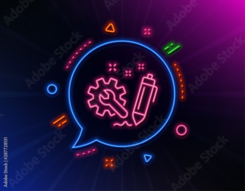 Engineering line icon. Neon laser lights. Cogwheel and Wrench tool sign. Glow laser speech bubble. Neon lights chat bubble. Banner badge with engineering icon. Vector
