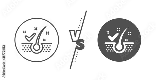 Dandruff shampoo sign. Versus concept. Anti-dandruff flakes line icon. Clean hair symbol. Line vs classic anti-dandruff flakes icon. Vector