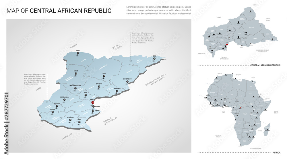 Vector set of Central African Republic country.  Isometric 3d map, Central African Republic map, Africa map - with region, state names and city names.