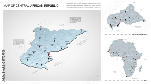 Vector set of Central African Republic country.  Isometric 3d map  Central African Republic map  Africa map - with region  state names and city names.