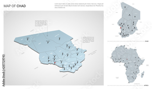 Vector set of Chad country. Isometric 3d map, Chad map, Africa map - with region, state names and city names.