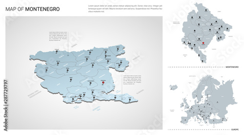 Vector set of Montenegro country. Isometric 3d map, Montenegro map, Europe map - with region, state names and city names.