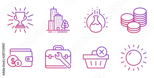 Chemistry experiment, Tool case and Skyscraper buildings line icons set. Delete purchase, Tips and Buying accessory signs. Trophy, Sunny weather symbols. Laboratory flask, Repair service. Vector