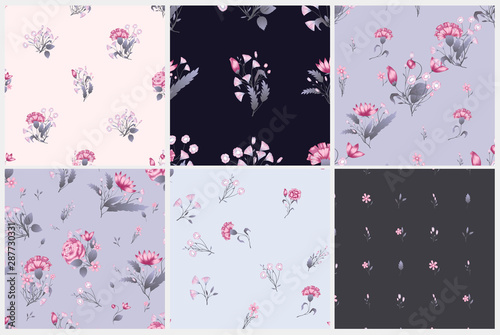 Seamless pattern set. Vector floral design with roses . Romantic background print