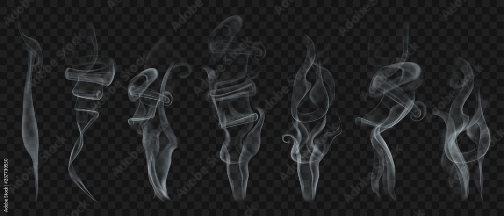 Set of realistic transparent smoke or steam in white and gray colors, for use on dark background. Transparency only in vector format