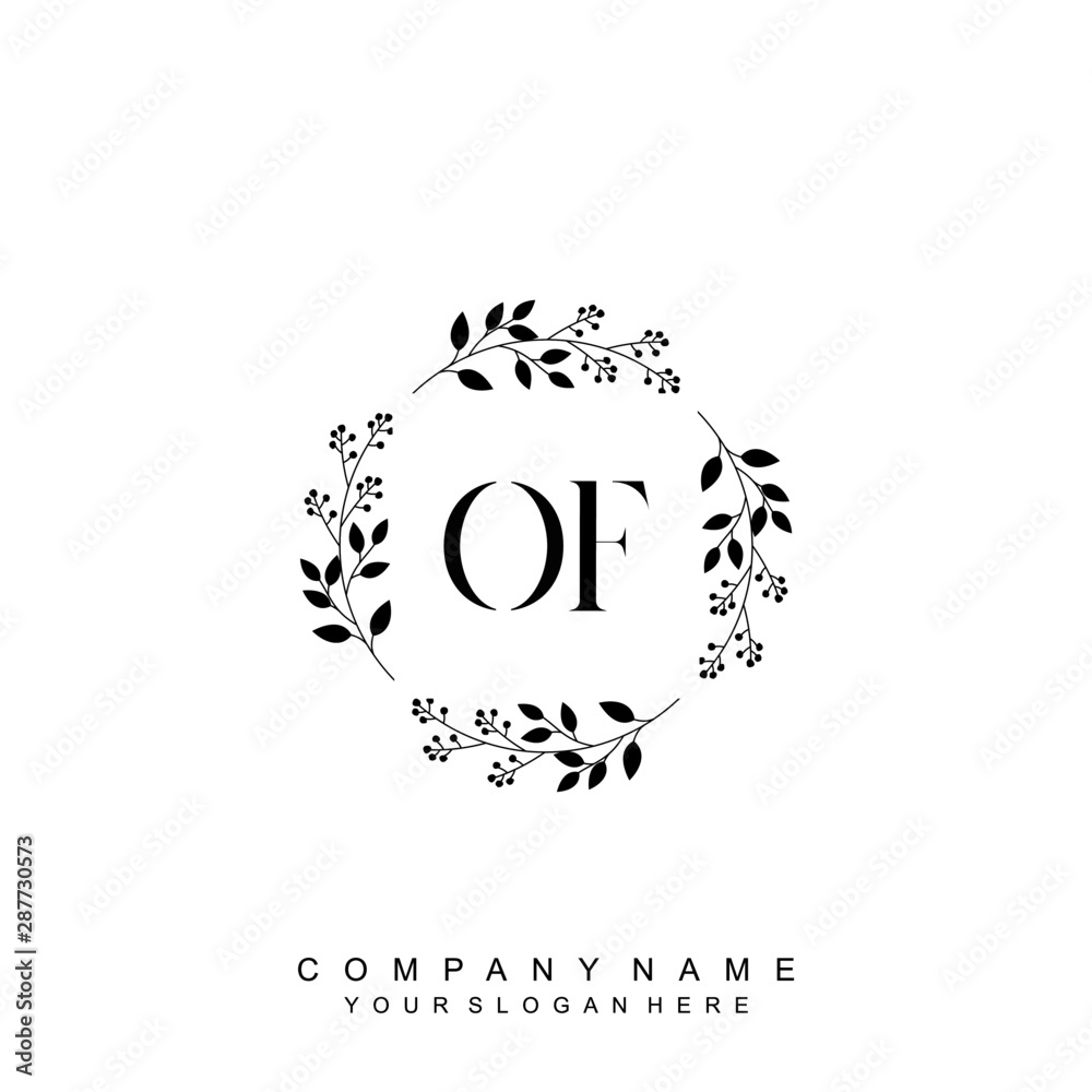 Obraz premium letter OF surrounded by beautiful and elegant flowers and leaves. Wedding monogram logo template. Fashion Logo template Vectors,