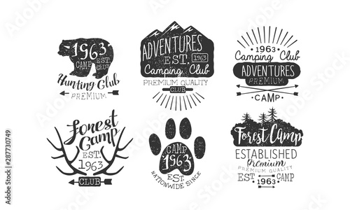 Hunting Club, Adventures Premium Retro Labels Set, Forest Camp Emblems Vector Illustration