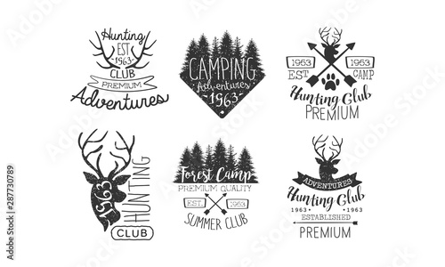 Hunting Club, Adventures Premium Retro Labels Set, Forest Camp, Summer Club Emblems Vector Illustration