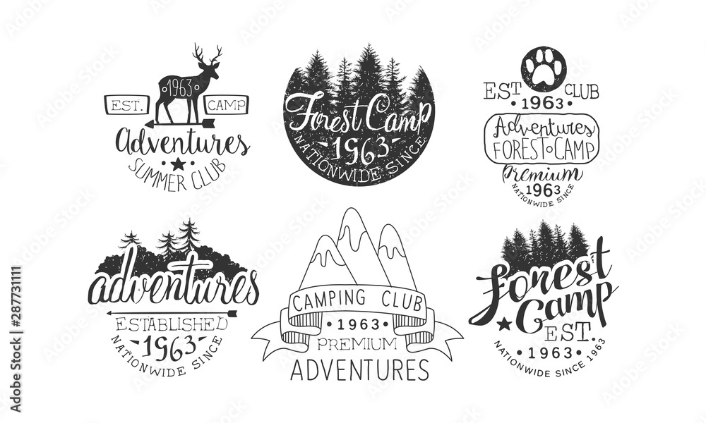Plakat Forest Camp Premium Retro Labels Set, Camping Club, Summer Adventures Emblems Vector Illustration