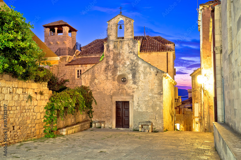 Town of Korcula main square stone church and architecture evening view
