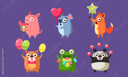 Funny Animal Characters Having Fun at Birthday Party Set  Cute Stickers with Baby Animals  Pig  Mouse  Fox  Dog  Frog  Panda Bear Vector Illustration 