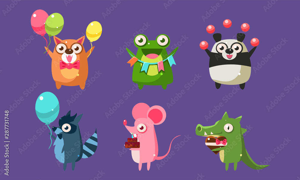 Naklejka premium Funny Animal Characters Having Fun at Birthday Party Set, Cute Stickers with Baby Animals, Dog, Frog, Panda Bear, Mouse, Raccoon, Crocodile Vector Illustration