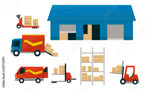 Transportation Service and Storage Set, Logistics Center, Cargo Trucks, Warehouse Building, Loading, Unloading, Goods Delivery Vector Illustration