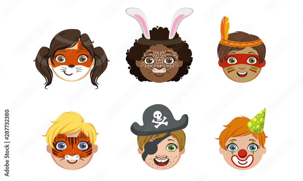 Fototapeta premium Kids Faces with Animals Painting Set, Tiger, Pirate, Clown, Rabbit, Fox, Native American Indian Vector Illustration