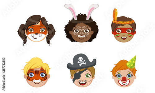 Kids Faces with Animals Painting Set, Tiger, Pirate, Clown, Rabbit, Fox, Native American Indian Vector Illustration