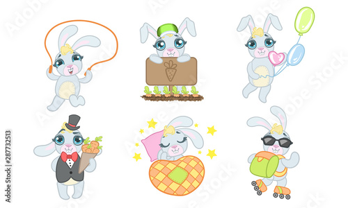 Fototapeta Naklejka Na Ścianę i Meble -  Adorable Bunny Cartoon Character Set, Cheerful Lovely Animal in Different Situations Vector Illustration