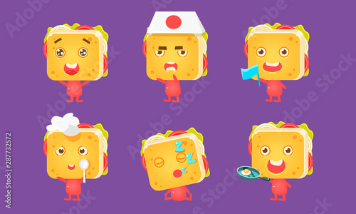 Funny Sandwiches Set, Cute Food Characters with Different Emotions Vector Illustration