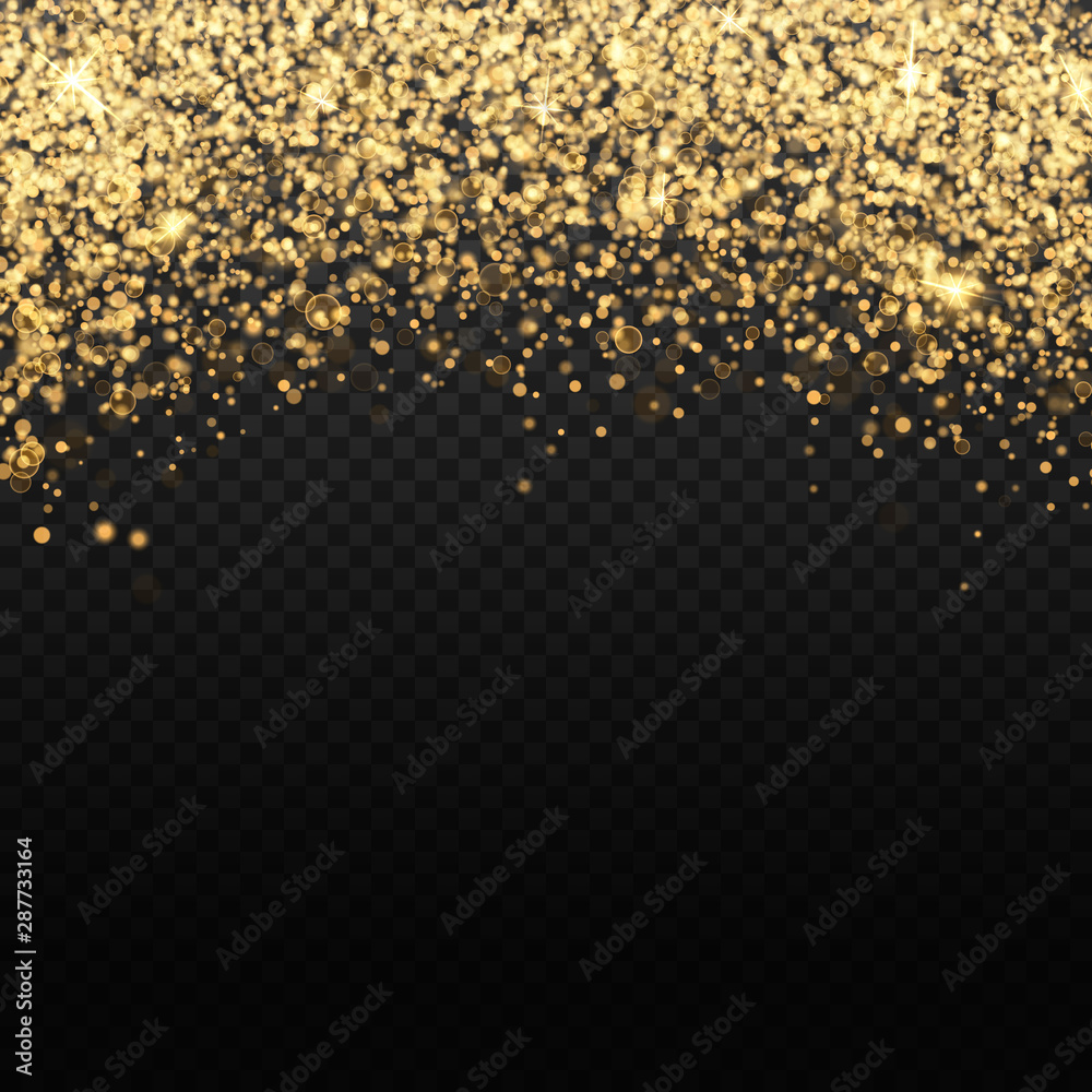 Vector gold glitter backdrop. Transparent falling golden particles