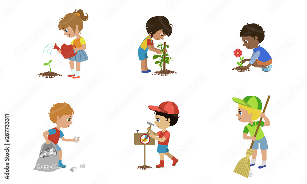 Kids Volunteers Set, Children Gathering Plastic Waste, Planting Trees and Flowers, Sweeping Street Vector Illustration Kids Volunteers Set, Children Gathering Plastic Waste, Planting Trees and Flowers, Sweeping Street Vector Illustration