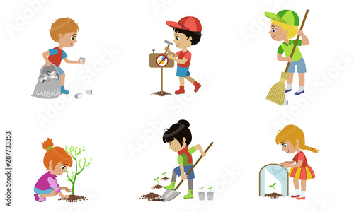 Kids Volunteers Set, Children Gathering Plastic Waste, Planting Trees, Sweeping Street Vector Illustration