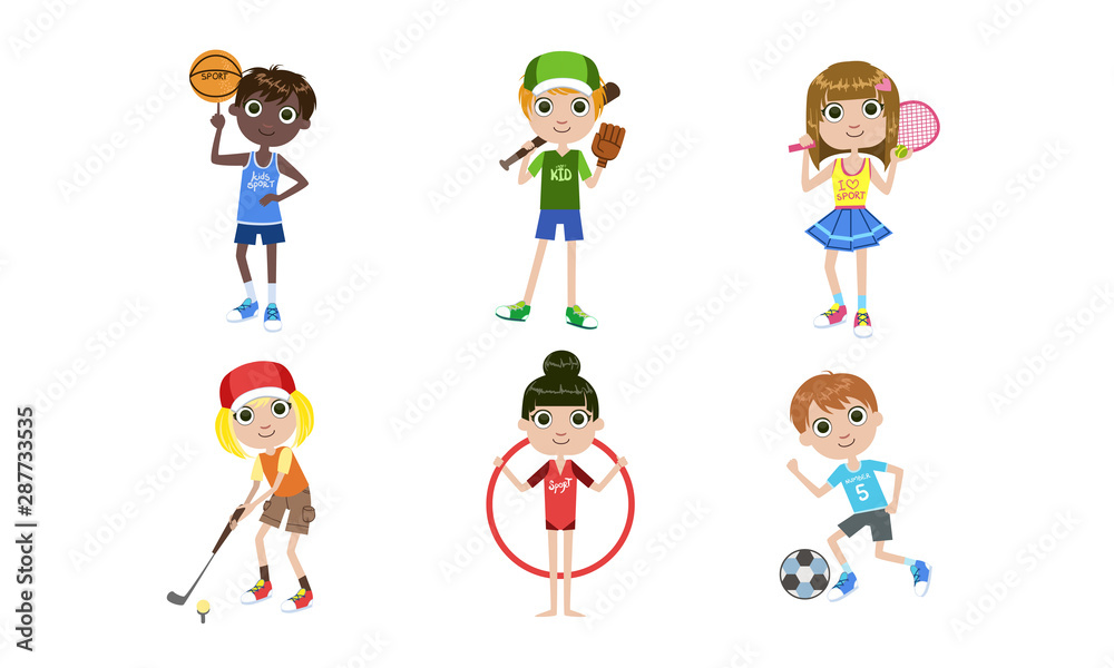 Kids Doing Different Kind of Sports Set, Boys and Girls Playing Volleyball, Basketball, Tennis, Golf, Soccer Vector Illustration Kids Doing Different Kind of Sports Set, Boys and Girls Playing Volleyball, Basketball, Tennis, Golf, Soccer Vector Illustration