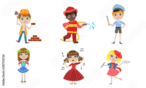 Kids of Different Professions Set, Builder, Fireman, Traffic Controller, Singer, Artist Vector Illustration
