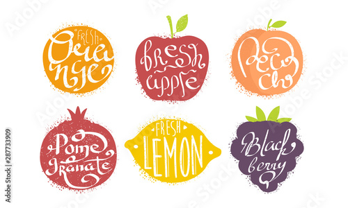 Fresh Fruits Prints Set, Orange, Apple, Peach, Pomegranate, Lemon, Blackberry Grunge Style Vector Illustration