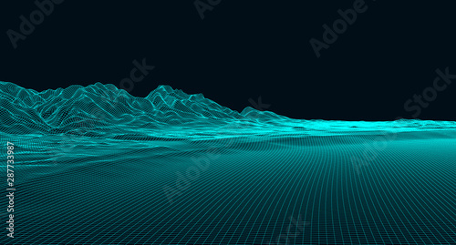 Abstract digital landscape with particles dots and stars on horizon. Wireframe landscape background. Big Data. 3d futuristic vector illustration. 80s Retro Sci-Fi Background