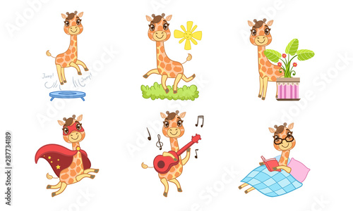 Cute Giraffe Cartoon Character Set, Adorable Cheerful Animal in Different Situations Vector Illustration