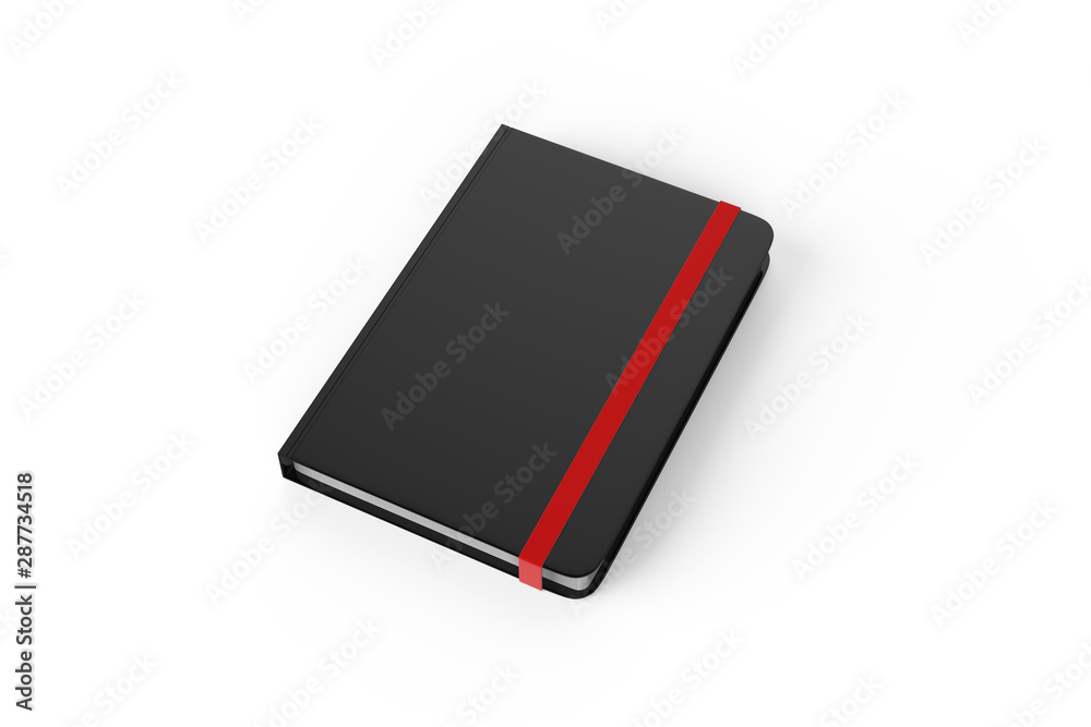 Blank notebook with elastic band closure for branding, mock up template on isolated white background, 3d illustration Blank notebook with elastic band closure for branding, mock up template on isolated white background, 3d illustration