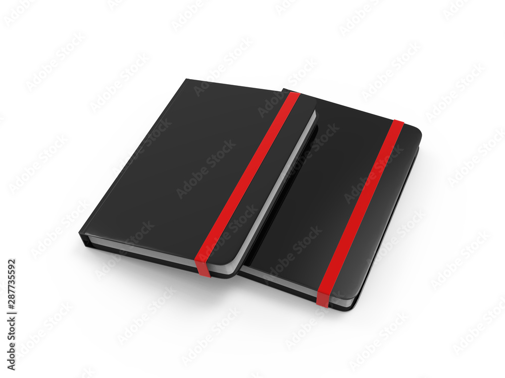 Blank notebook with elastic band closure for branding, mock up template on isolated white background, 3d illustration Blank notebook with elastic band closure for branding, mock up template on isolated white background, 3d illustration