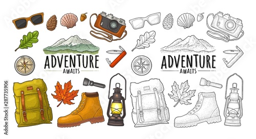 Travel set for outdoor recreation. Vector vintage engraving