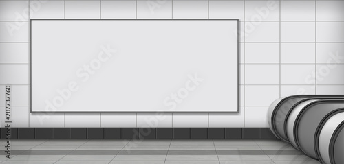 Horizontal, blank white, empty billboard hanging on tilled wall on subway station, mall or shopping center corridor 3d realistic vector illustration. Product advertising, promoting in public place