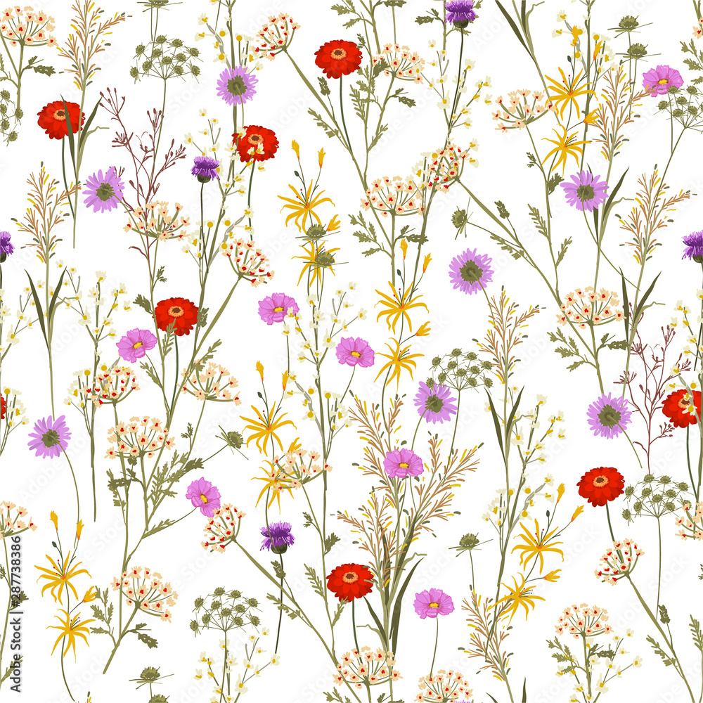 Beautiful of many kind of summer blooming meadow flowers and botanical plants seamless pattern in vector design,For fashion, fabric, web, wrapping ,and all prints