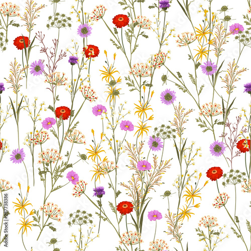 Beautiful of many kind of summer blooming meadow flowers and botanical plants seamless pattern in vector design For fashion  fabric  web  wrapping  and all prints