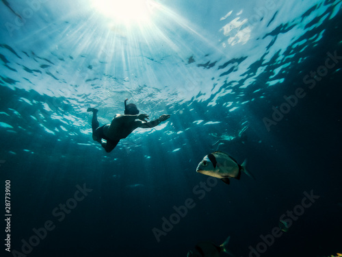 Underwater photo of a men snorkeling in the sea © kerkezz