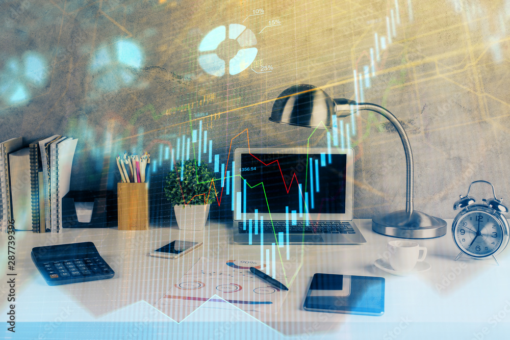 Multi exposure of chart and financial info and work space with computer background. Concept of international online trading.