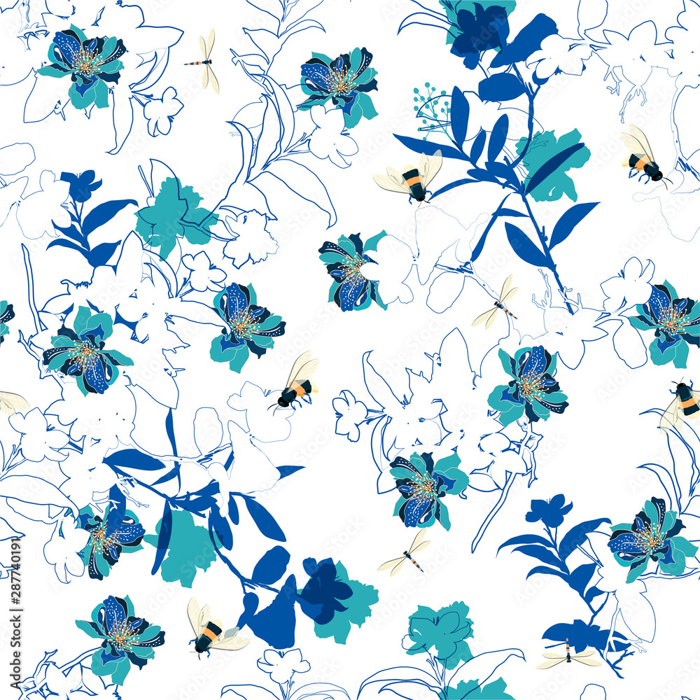 Monotone shade of blue ,Vector seamless pattern with hand drawing silhouette botanical and blooming wild flowers,illustration, floral elements overlap technic, Monotone shade of blue ,Vector seamless pattern with hand drawing silhouette botanical and blooming wild flowers,illustration, floral elements overlap technic,