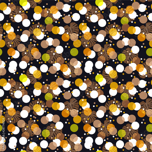 Dark Tropical leaves mixed with small modern polka dots on shade of orange seamless pattern vector Design for fashion ,fabric ,wrapping,wallpaper and all prints