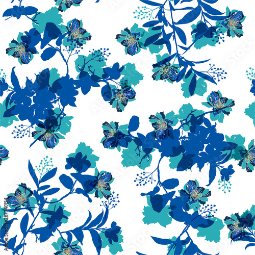 Monotone shade of blue ,Vector seamless pattern with hand drawing silhouette botanical and blooming wild flowers,illustration, floral elements overlap technic, photo