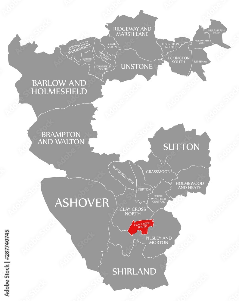 Clay Cross South red highlighted in map of North East Derbyshire district in East Midlands England UK