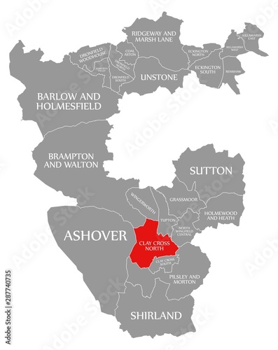 Clay Cross North red highlighted in map of North East Derbyshire district in East Midlands England UK