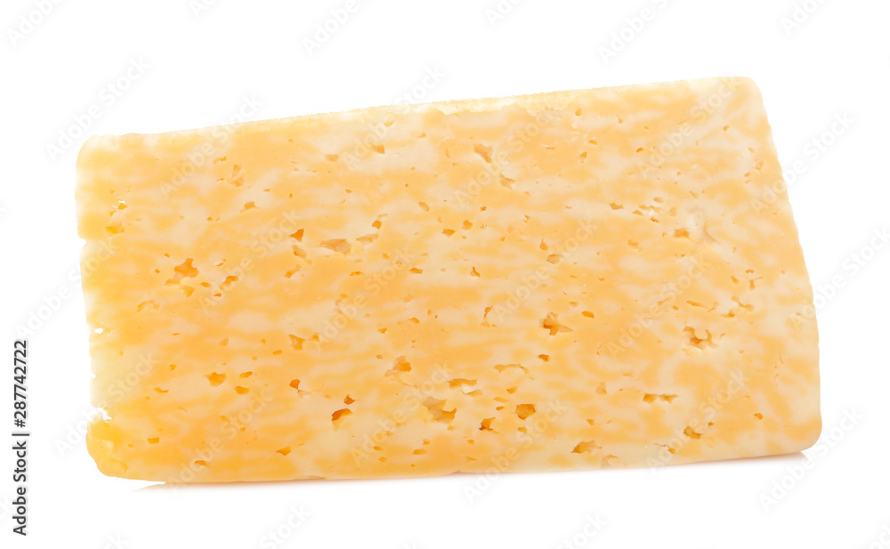 Slice of delicious marbled cheese on a white isolated background. close-up