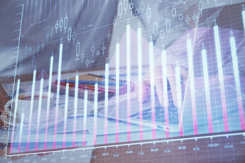 Forex graph with businessman working on computer in office on background. Concept of hardworking. Multi exposure. Forex graph with businessman working on computer in office on background. Concept of hardworking. Multi exposure.
