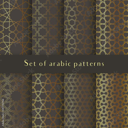 Set of islamic patterns. Seamless arabic geometric background, east ornament, luxury gold and gray colors. Endless metallic vector textures.