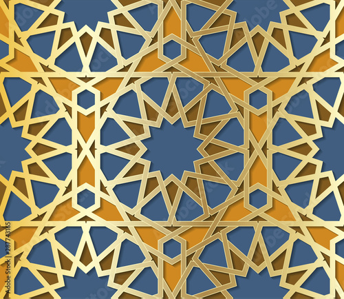 Symmetrical abstract vector background in arabian style made of emboss geometric shapes with shadow.