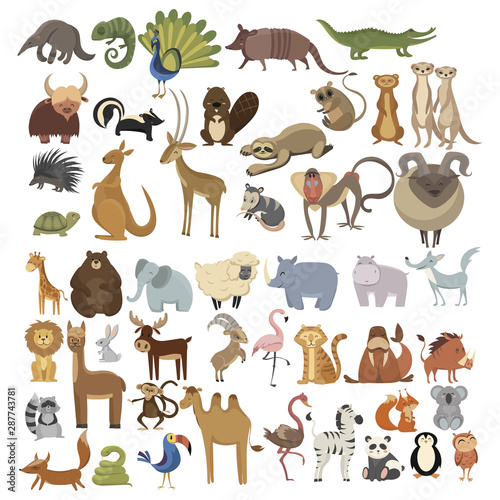 Set of animals. Collection of cartoon animals. Residents of the forest and the jungle. Vector illustration of animals for children. Zoo.
