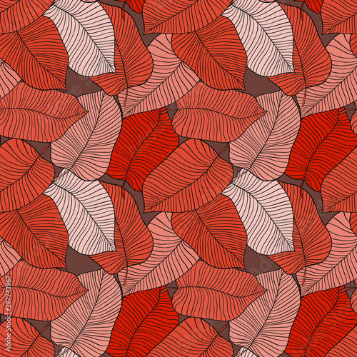 Foliage seamless pattern, leaves line art ink drawing 
