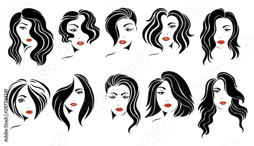 Set of hairstyles for women. Collection of black silhouettes of hairstyles for girls. Fashionable hairstyles.